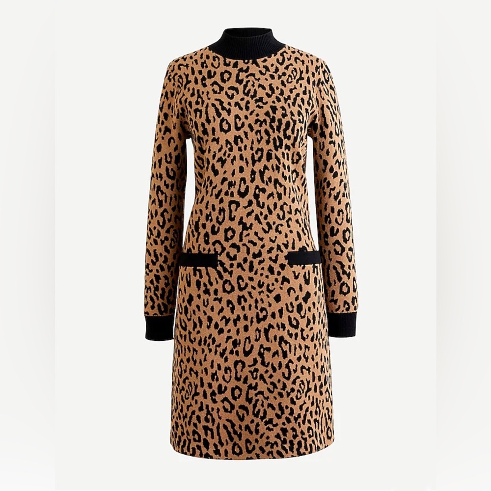 J. Crew Mockneck Sweater Dress Leopard Print Tan and Black Size XS